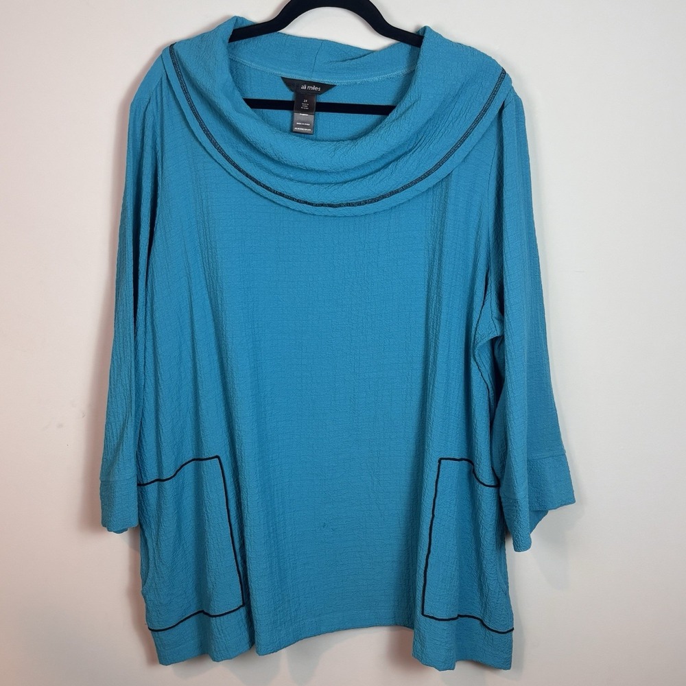 Ali Miles Womens Cowl Neck Long Sleeve Blue Artsy Boho Tunic Blouse 2X pockets